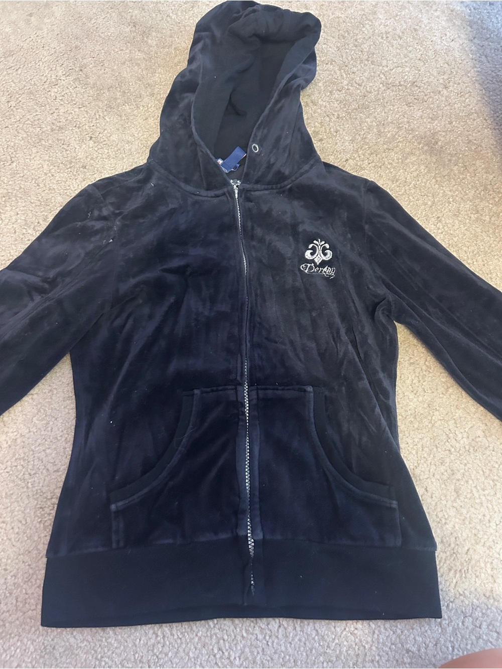 Dereon Black Velvet Zip-Up Hoodie with Embroidered Logo